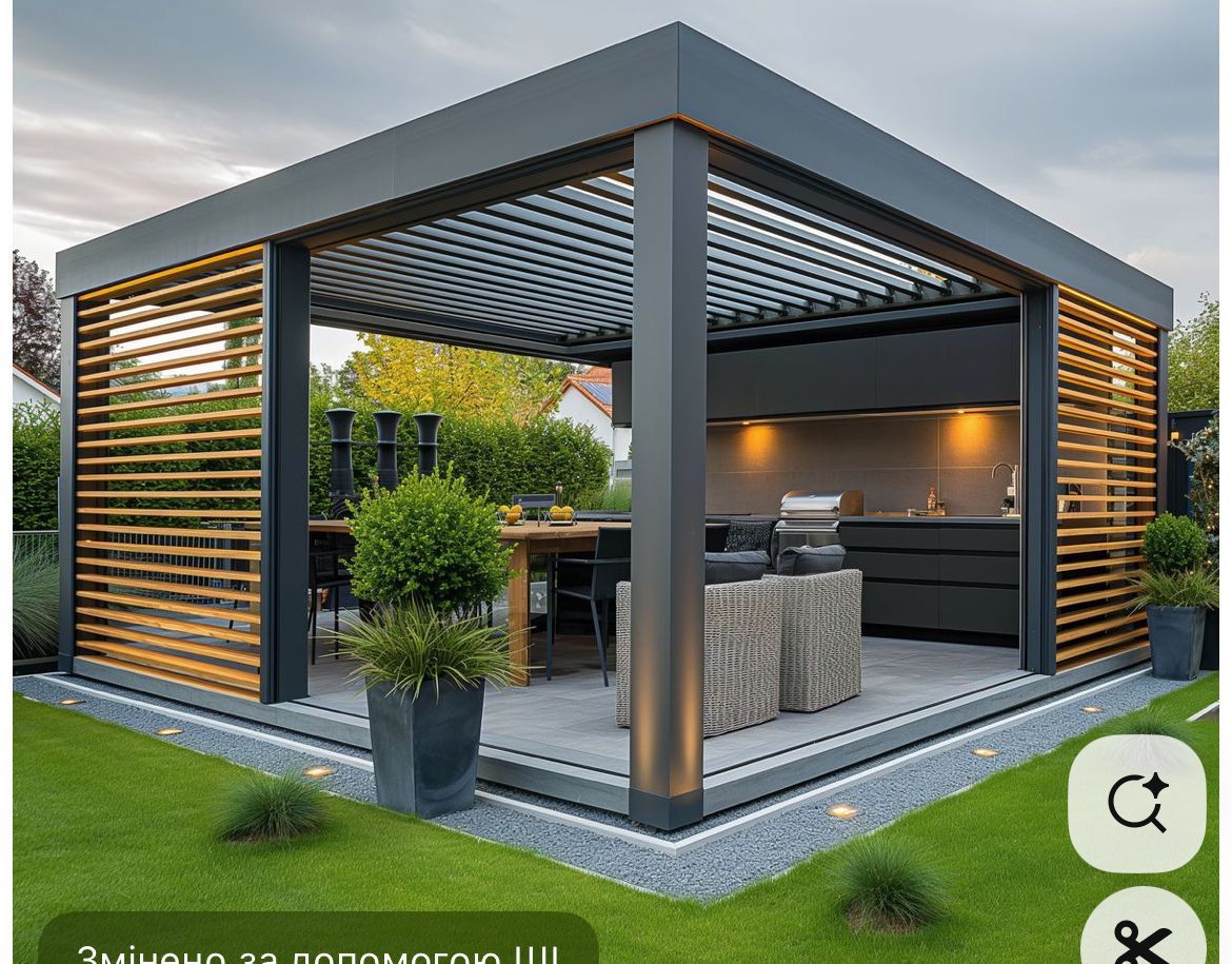 Louvered pergola outdoor kitchen