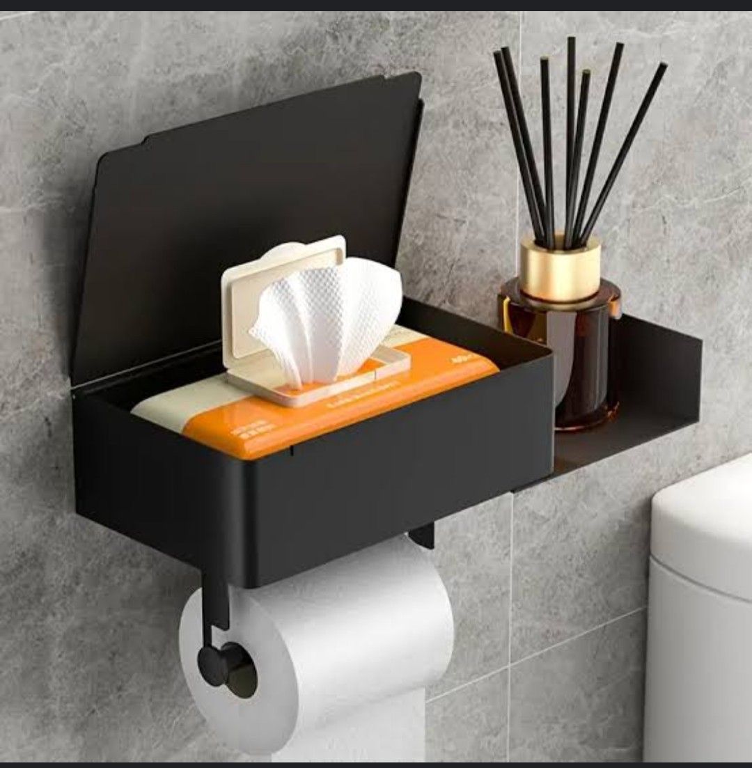 Toilet paper holder with shelf and box